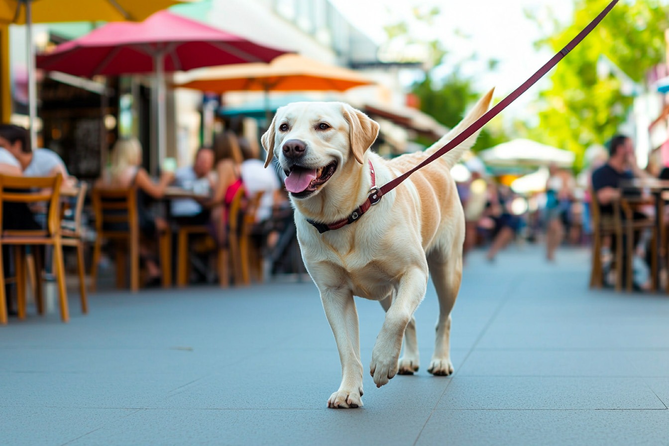 Labrador explorando tiendas, cafés y atracciones al aire libre que aceptan perros.
