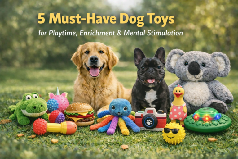 Golden retriever and black French bulldog with dog toys in a sunny park, with headline text.