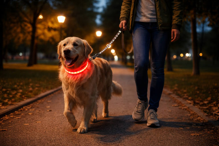 Golden retriever walking on a lit path at night with an LED collar and reflective leash